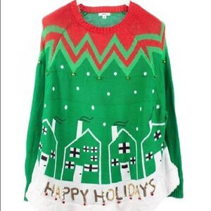 UGLY CHRISTMAS TREE SKIRT SWING SWEATER HAPPY HOLIDAYS SEQUINS WITH BELLS M NWOT